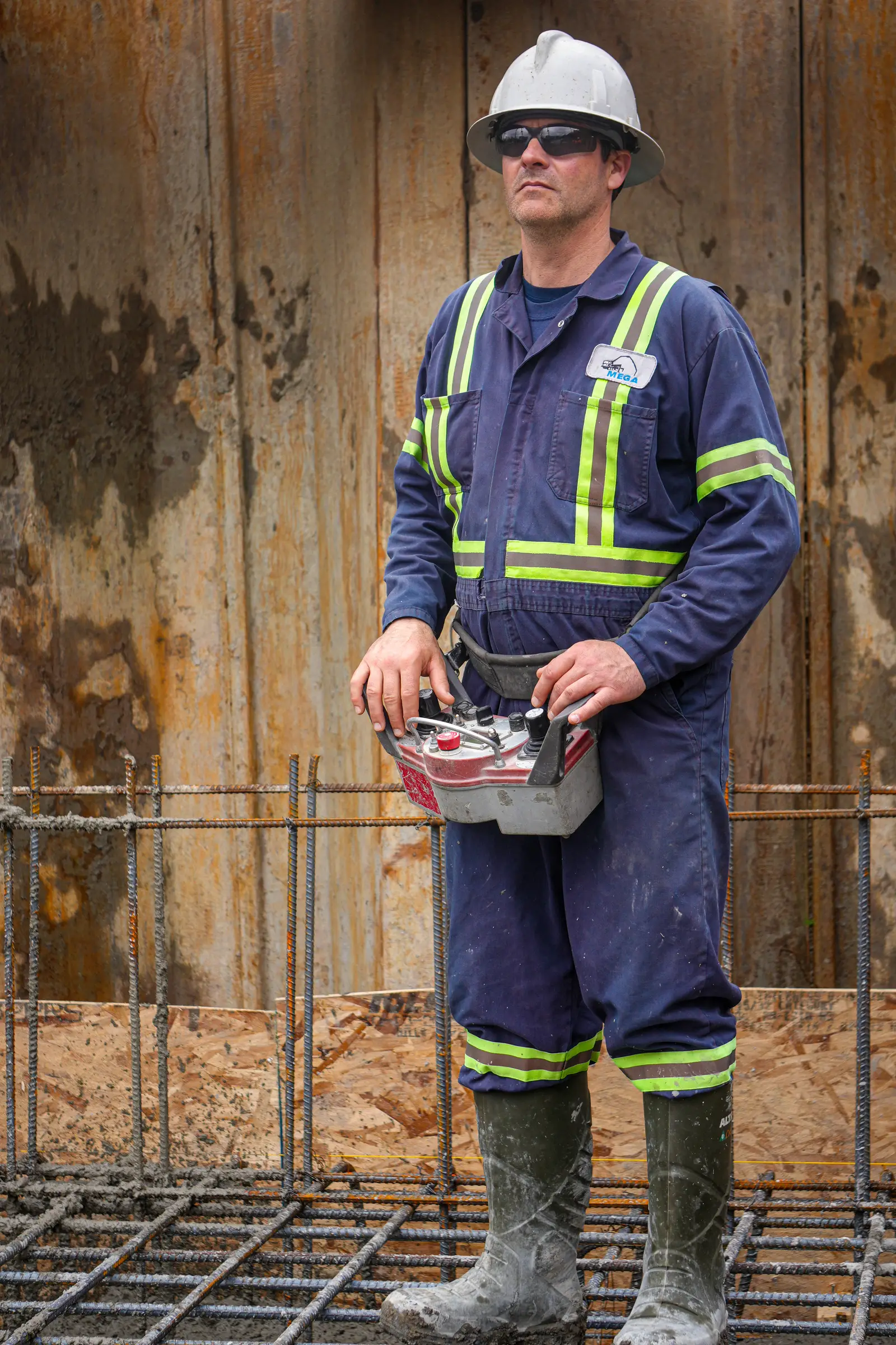 Contremaître au casque blanc, télécommande de pompe à béton en main, debout sur l'armature d'une dalle structurale.