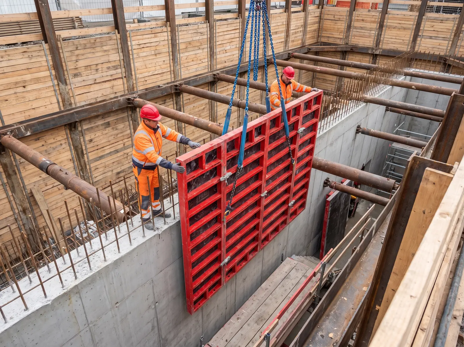 Panneau de coffrage PERI à cadre d'acier rouge, suspendu à des élingues à chaînes, descendu par une grue dans une excavation blindée ; deux coffreurs le guident depuis le mur de fondation.
